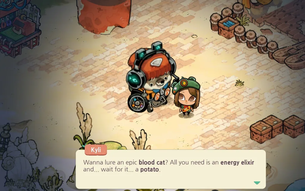 A gameplay screenshot of Cozy Grove: Camp Spirit showing the player's character speaking with one of the bear spirits, Kylie and how funny this game is