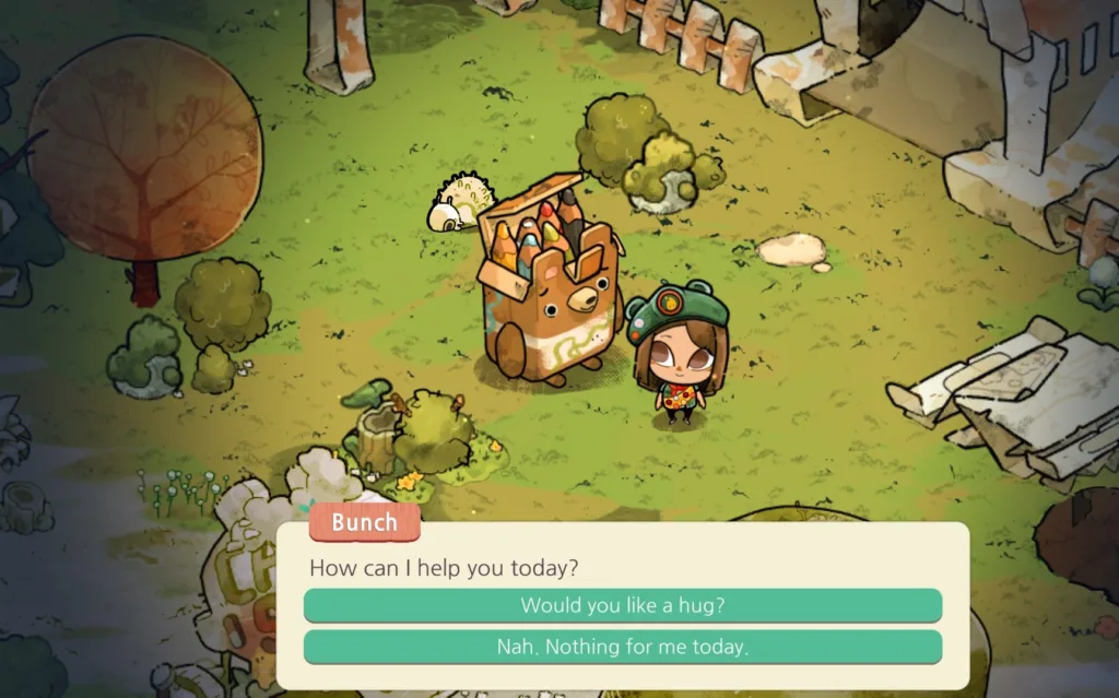 A gameplay screenshot of Cozy Grove: Camp Spirit and the player's character speaking to one of the spirit bears, Bunch