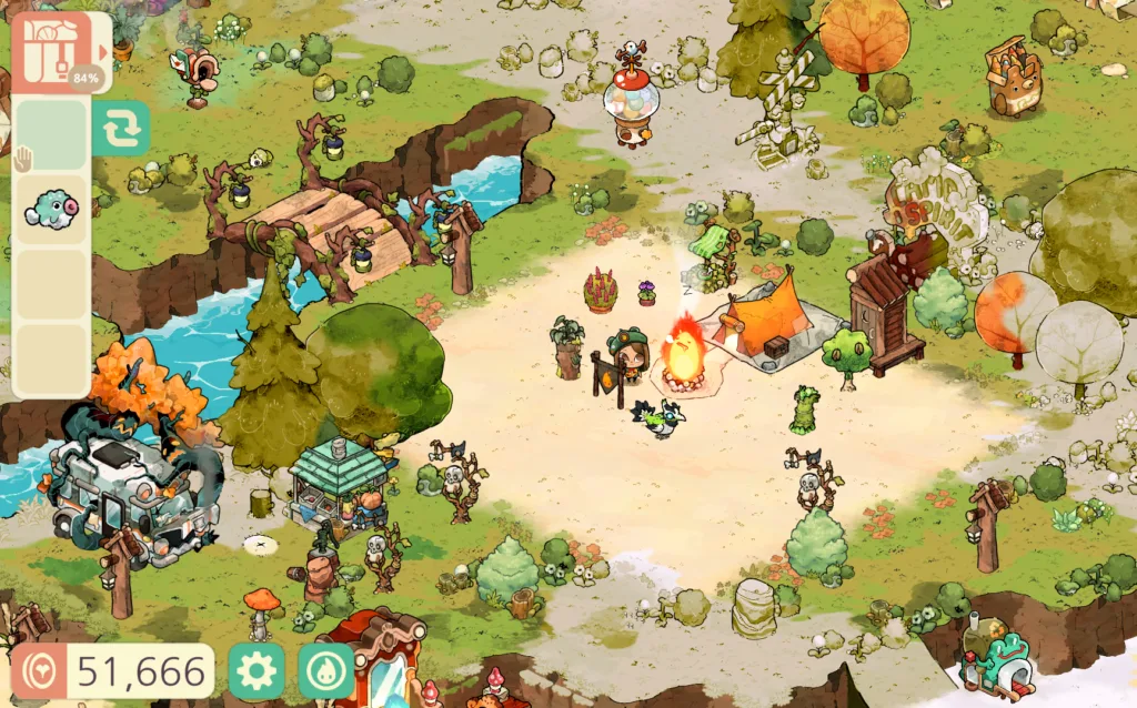 A gameplay screenshot of Cozy Grove: camp spirit showing the island zoomed out so the readers can see how beautiful the art style is and what everything looks like.
