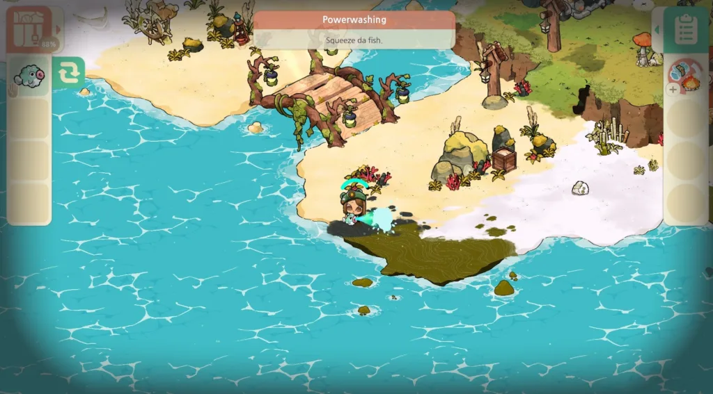A gameplay screenshot of Cozy Grove: Camp Spirit showing the power washing mini-game