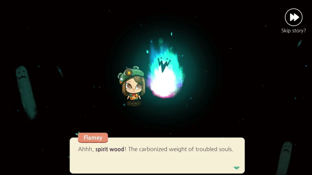 A gameplay screenshot of the Flamey character from Cozy Grove: Camp Spirit as it swallows a spirit log, with the player's (mine) character standing next to it.