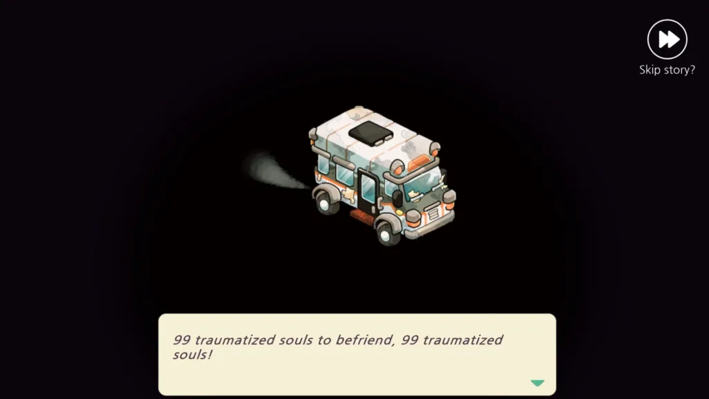 A gameplay screenshot of the initial cutscene in Cozy Grove: Camp Spirit showing the bus as the characters in the bus sing