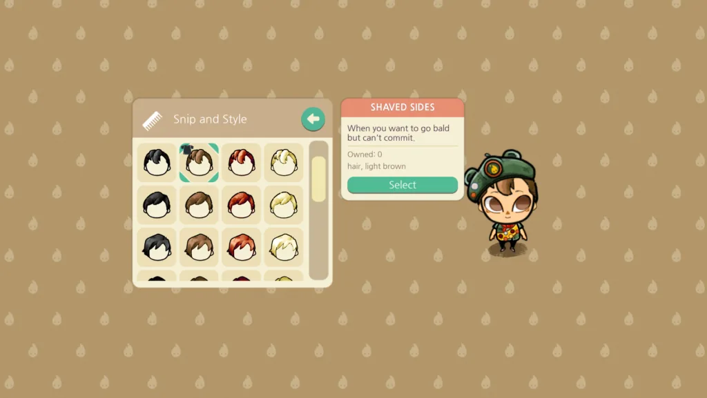 A gameplay screenshot of Cozy Grove: Camp Spirit gameplay, the character customization specifically, showcasing how each customization option has a funny quip attached to it. The one shown on the photo is showing very short hair and says "When you want to go bald but can't commit"
