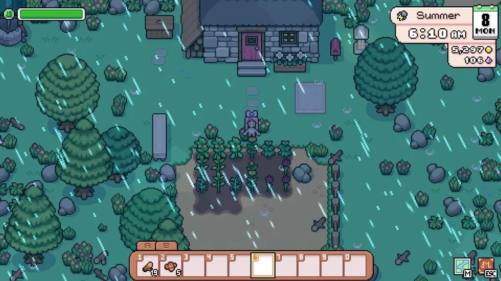 A gameplay screenshot of fields of mistria, showing a rainy day at the farm