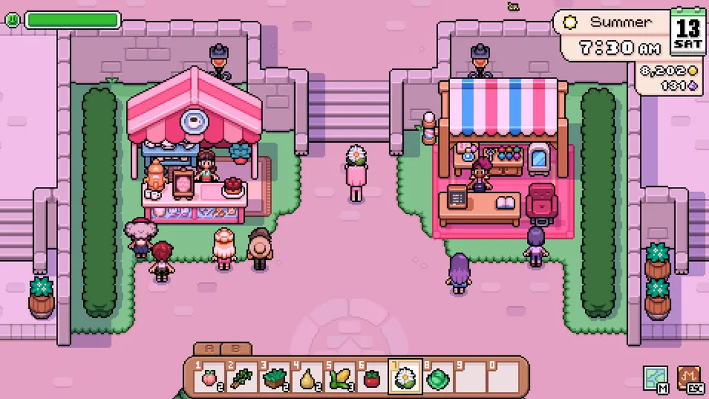A gameplay screenshot of Fields of Mistria showing Saturday Market where merchants come to trade exclusive items