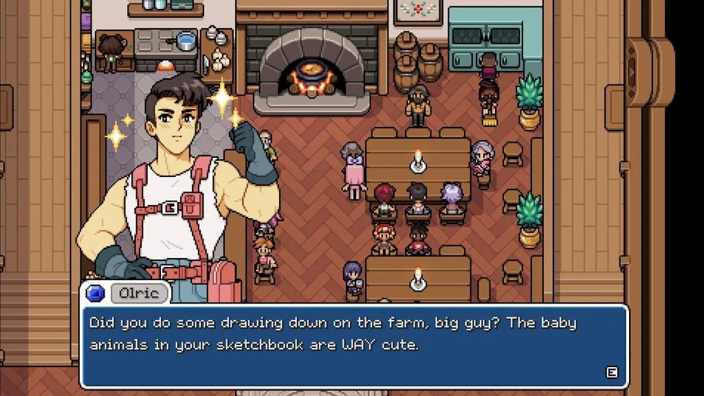 A gameplay screenshot of Fields of Mistria showing Olric at the Friday Night at the Inn, talking to Hayden