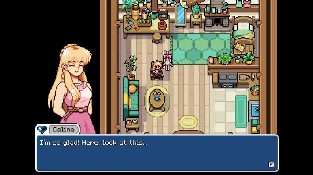 A gameplay screenshot of Fields of Mistria, showing a heart event with Celine, at her house
