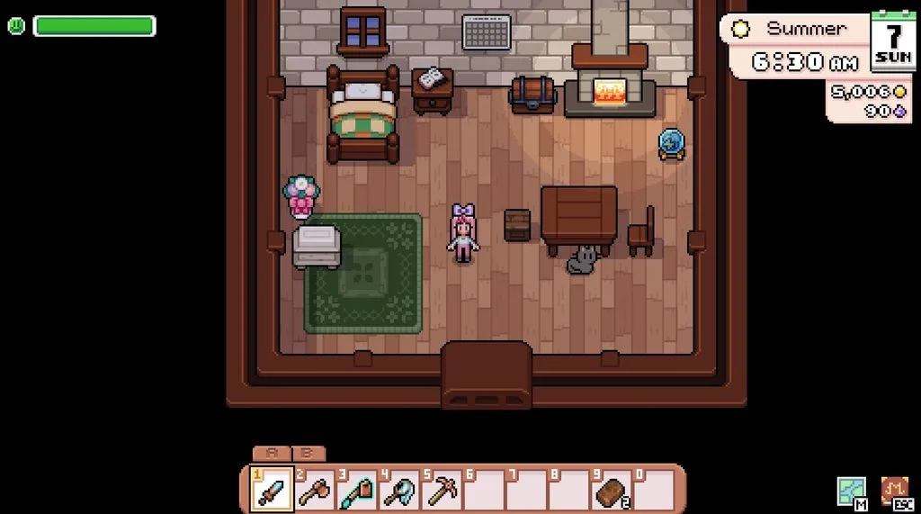 A gameplay screenshot of Fields of Mistria with the main character (player's character) standing in their house with their pet cat