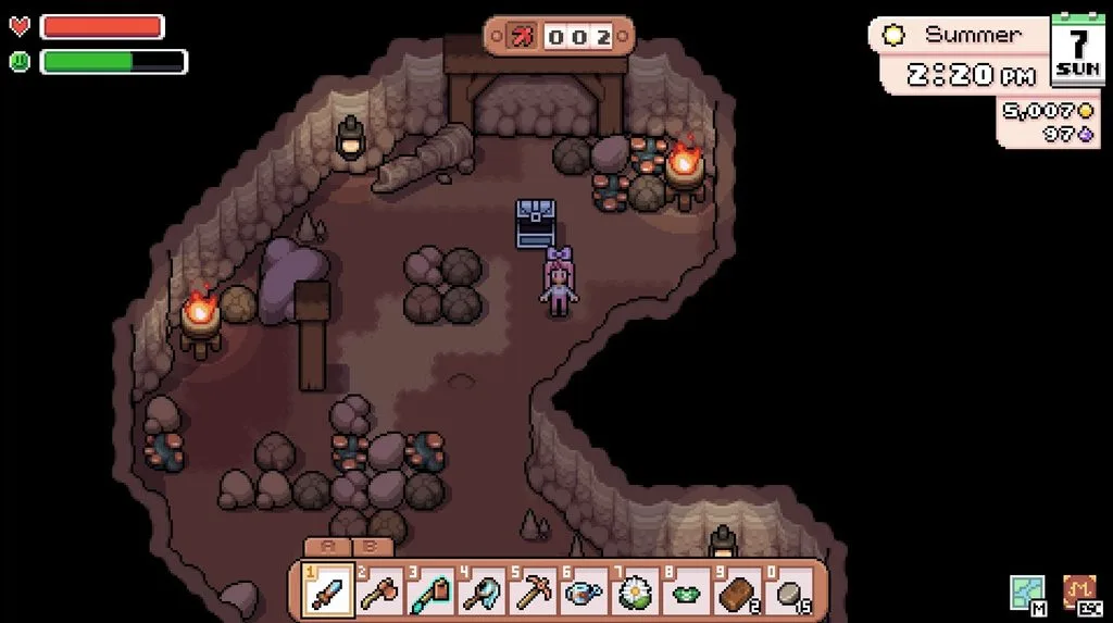 A gameplay screenshot of Fields of Mistria showing my character standing in the mines