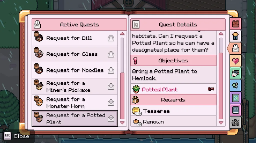 A gameplay screenshot of Fields of Mistria showing the quests the player (me) has incomplete, in order to showcase that there's no rush to finish the quests