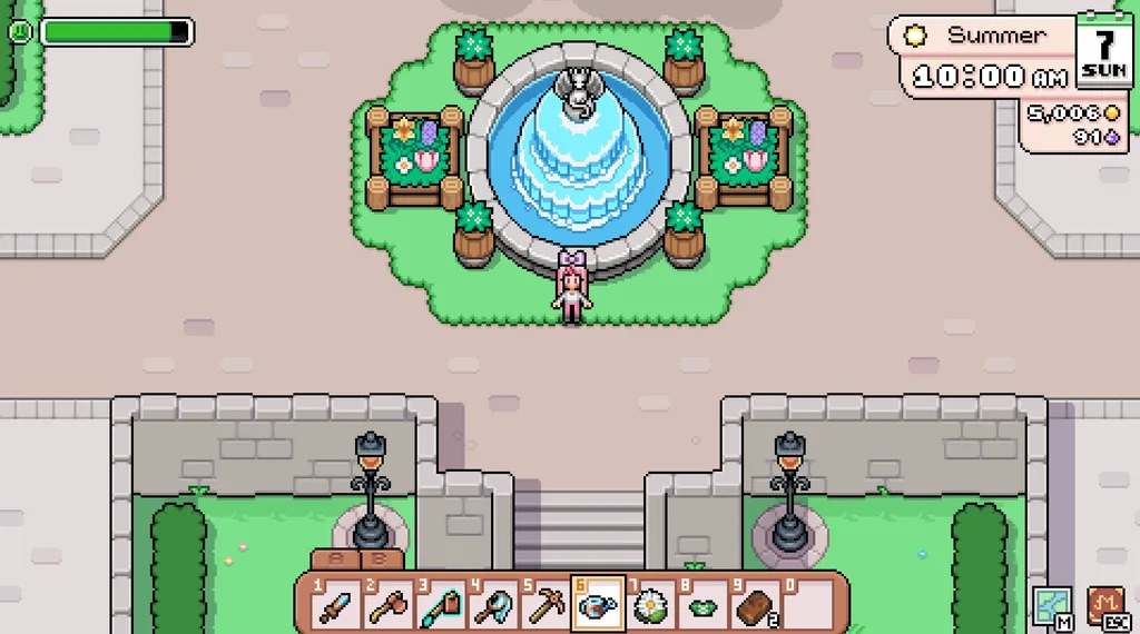 A gameplay screenshot of Fields of Mistria, showing the town square and the fountain with my character standing in the front