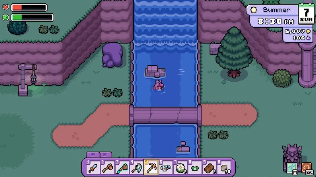 A gameplay screenshot of Fields of Mistria showing that you can swim in this game
