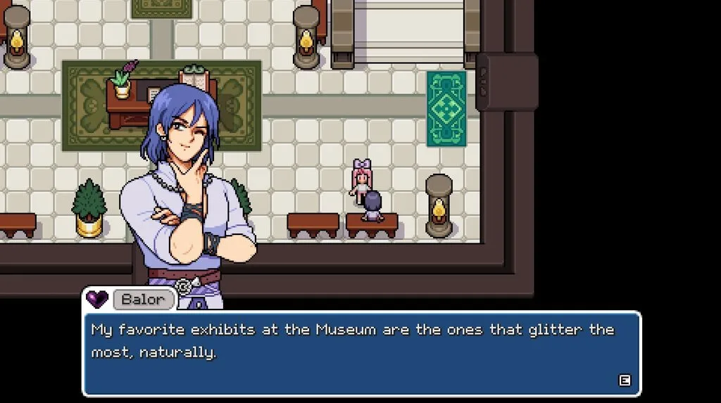 A gameplay screenshot of Fields of Mistria showing a conversation with Balor