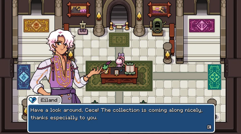 A gameplay screenshot of Fields of Mistria showing a conversation with Eiland at the museum