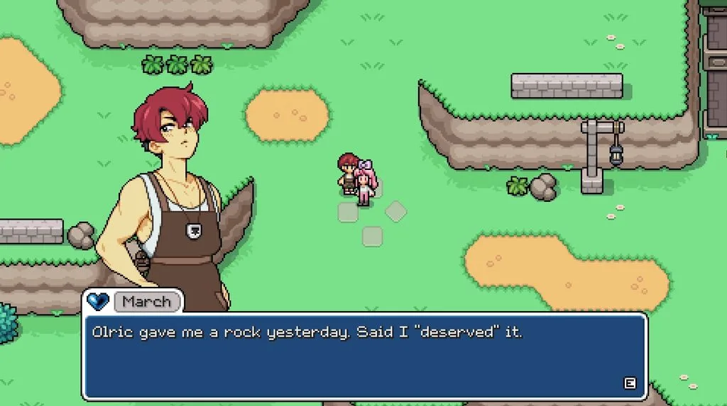 A gameplay screenshot of Fields of Mistria showing a conversation with March (one of the characters in the game)