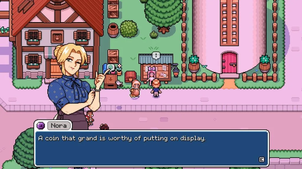 A gameplay screenshot of Fields of Mistria, showing a conversation with Nora, the local shopkeeper