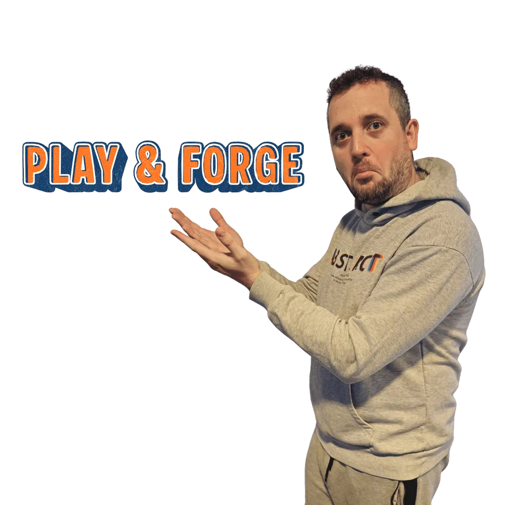 An image of Pavle holding a sign that says Play&Forge